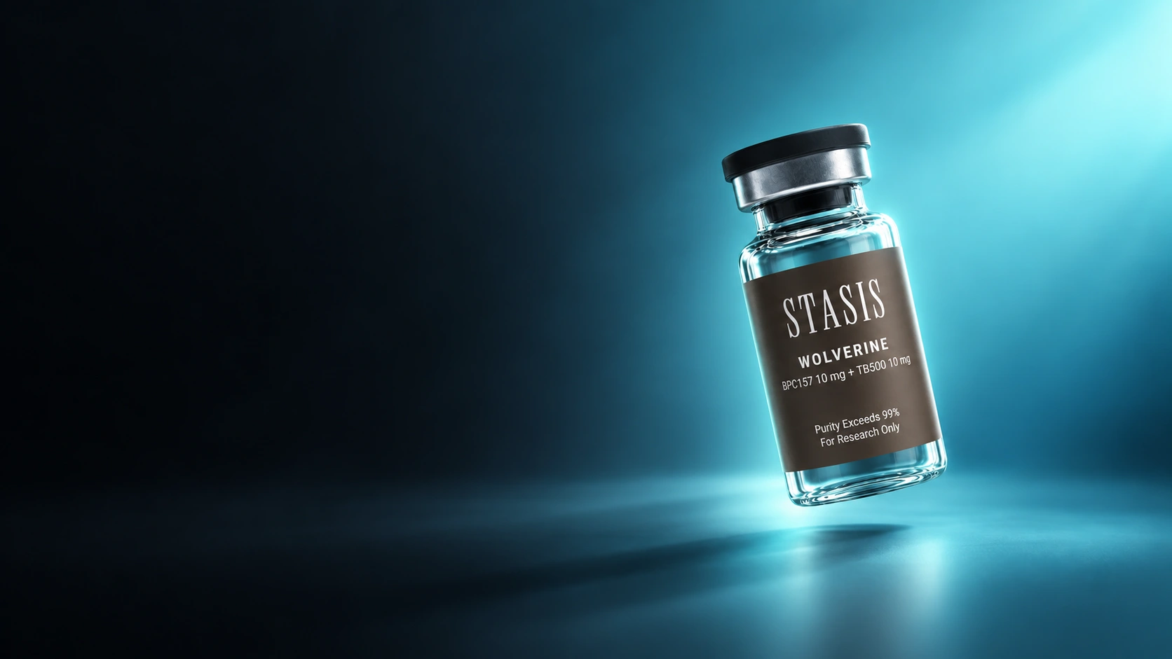 Stasis Wolverine vial with its original brown label tilted against a cyan-lit background