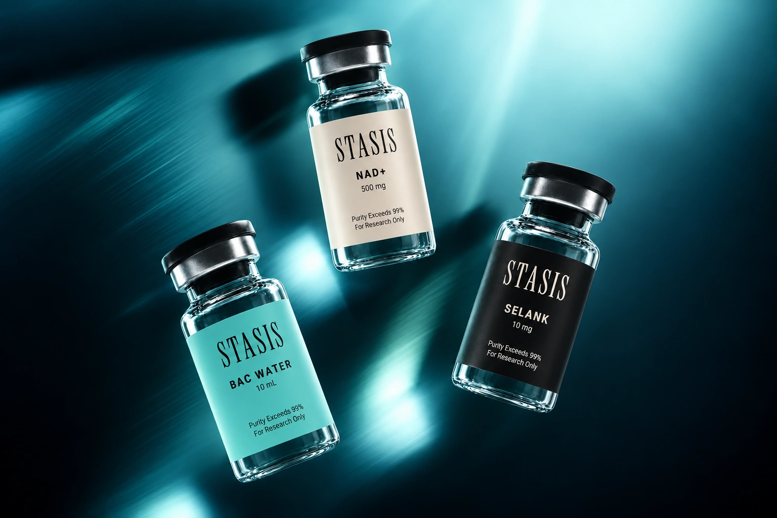 Stasis NAD+, Selank and BAC Water with catalogue label designs